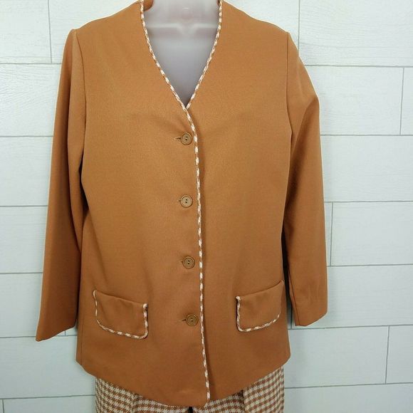 Vintage 1960s Jacket Pants Set Small Brown White - Picture 3 of 8
